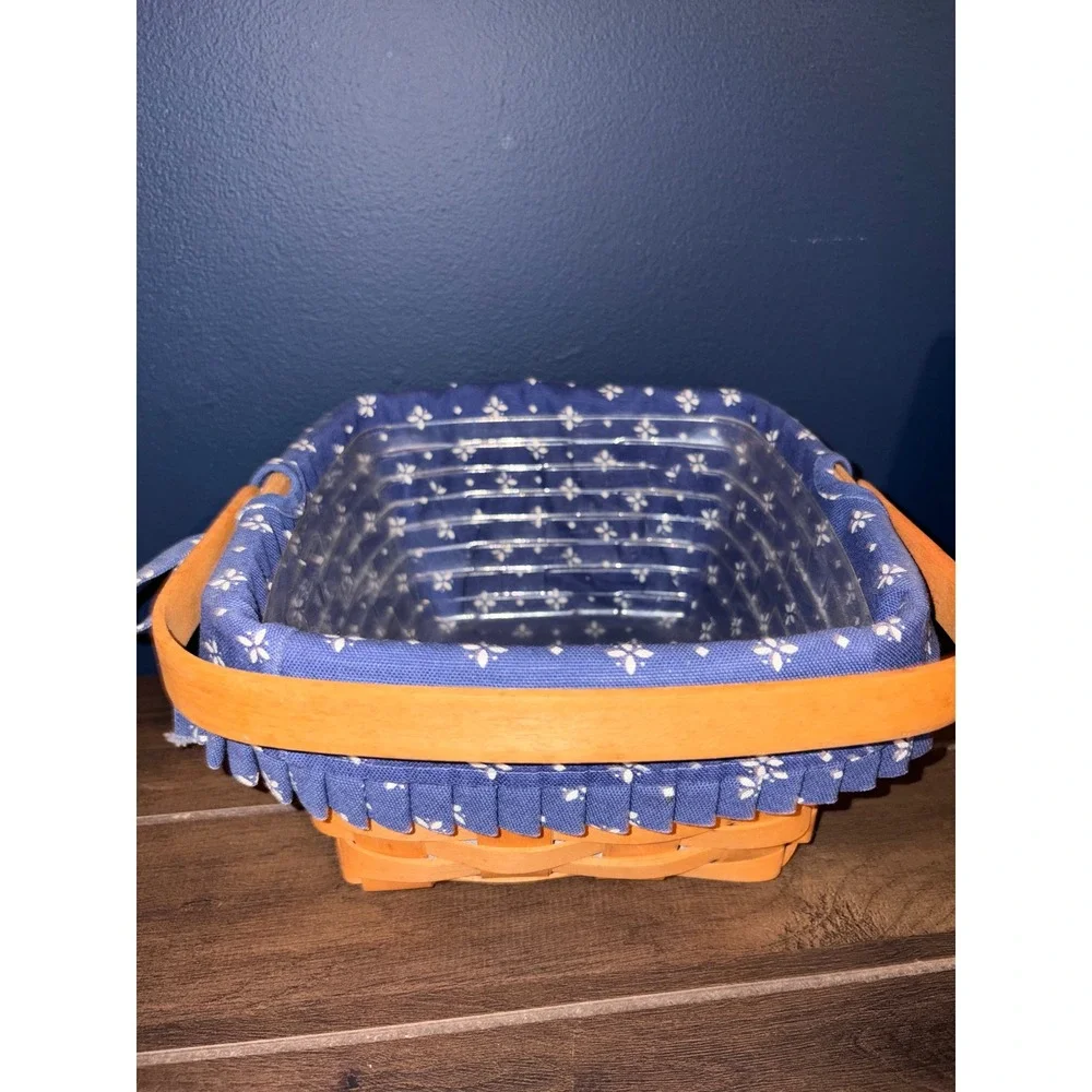 Longaberger Woven Wood Basket Blue Floral Liner Plastic Protector‎ Swing Handle